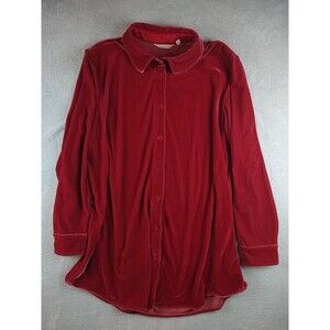 Soft Surroundings Velvet Velour Boyfriend Button Front Red Tunic Shirt Large